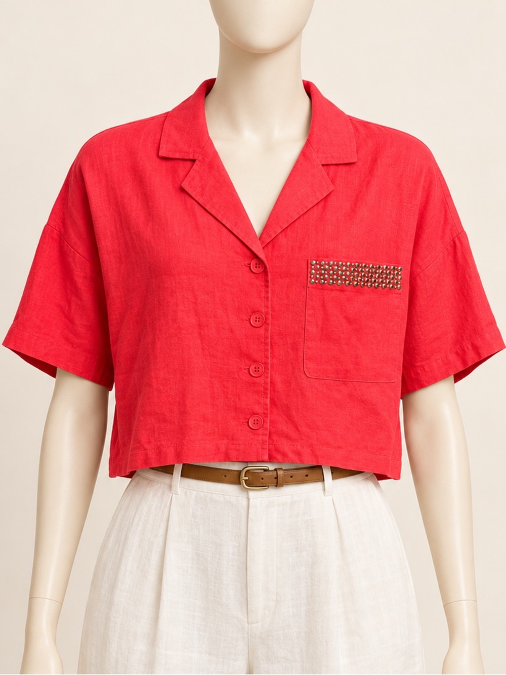 DKNY Pure 100% Linen Cropped Shirt Coral Red Studded Pocket M